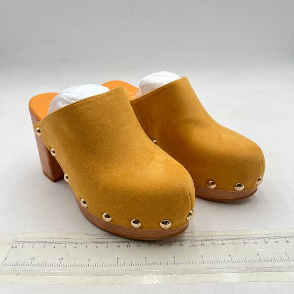 YDN Yellow Rounded Toe Studded Clogs Mules Platform Slip On Block Heel Shoe - Picture 3 of 7